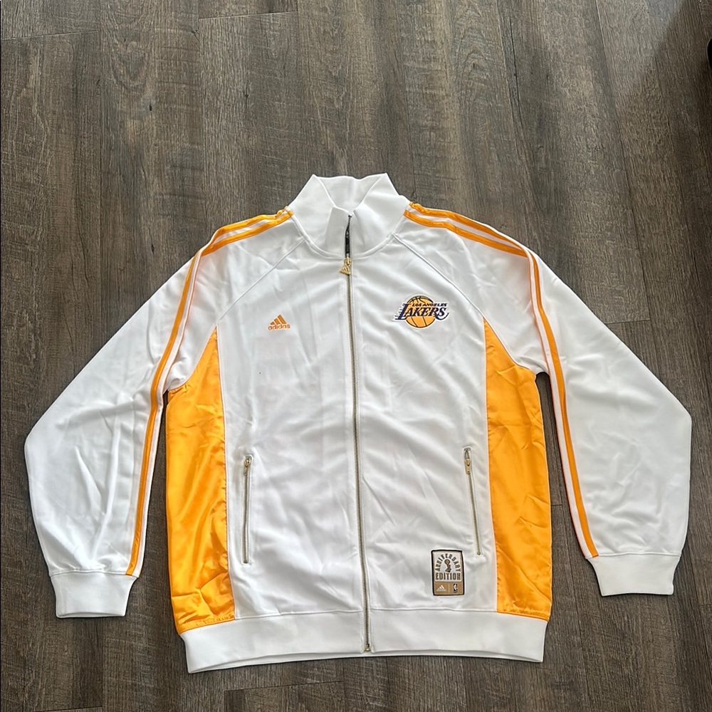 Adidas White and Orange Bomber Jacket with Retro Stripes